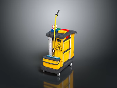 Yellow Mobile Utility Cleaning Cart With Multiple Cleaning Tools And Warning Sign 3d model