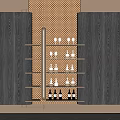 Modern Gold Display Shelf with Wine Bottles and Glasses on Dark Wood Wall