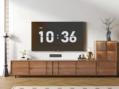 Modern Walnut TV Stand with Storage Drawers Flat Screen TV Floor Lamp and Decorative Items 3d model