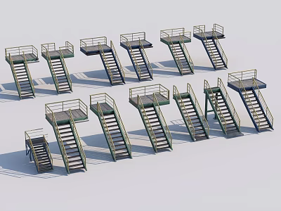 Assorted Industrial Metal Staircases With Railings And Various Platform Structural Designs 3d model