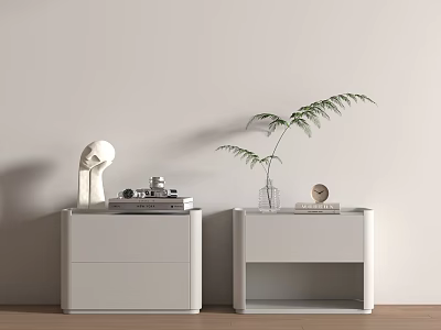 White Bedside Tables with Sculpture Tray Plant Vase and Clock on Wooden Floor 3d model