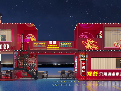 Red Container Lobster Restaurant With Night View Outdoor Seats And Signage 3d model