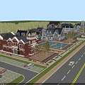 Aerial Planning of Community Area with Red Brick Buildings Parking Lot Road and Green Trees