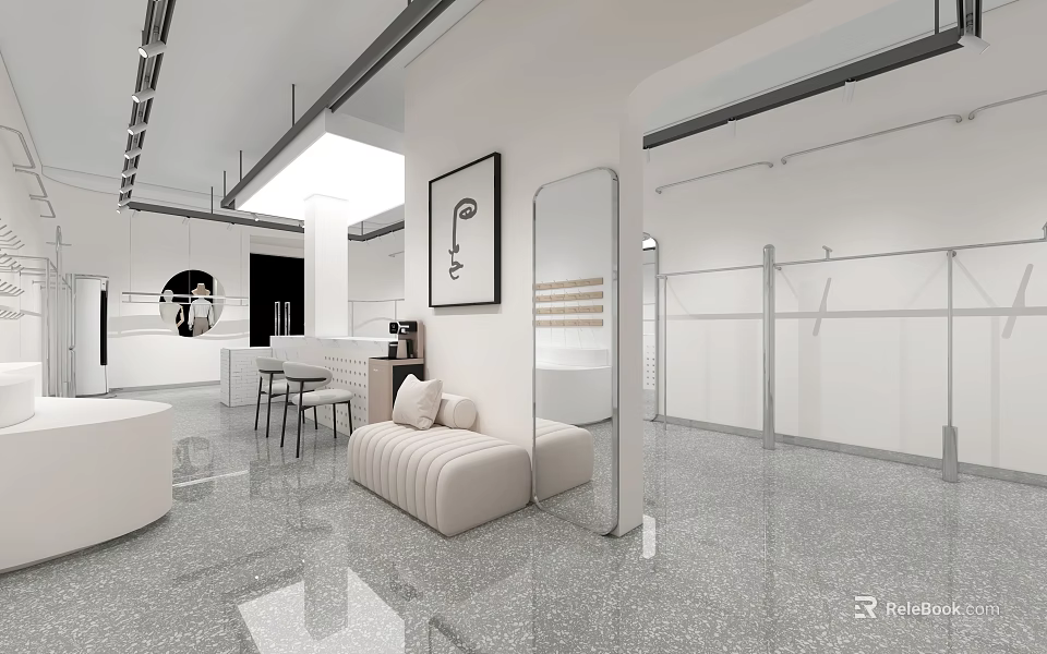 Minimalist Clothing Store Interior Featuring White Walls Gray Tiles Clothing Racks Mirrors and White Sofa 3d model 