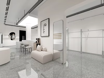 Minimalist Clothing Store Interior Featuring White Walls Gray Tiles Clothing Racks Mirrors and White Sofa 3d model