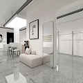 Minimalist Clothing Store Interior Featuring White Walls Gray Tiles Clothing Racks Mirrors and White Sofa