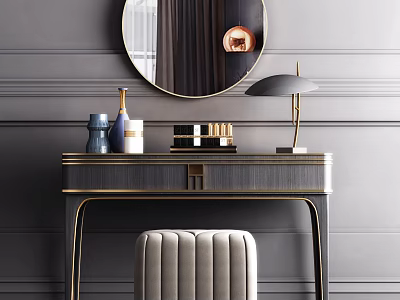 Elegant Modern Dressing Table with Round Mirror Table Lamp and Striped Stool 3d model