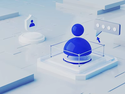 Cartoon Scene with Blue Character Standing on White Platform and User Icon Chat Bubble Elements 3d model