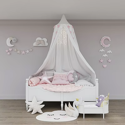 White Baby Bed with White Canopy Pink Pillows and Moon Cloud Stars C Letter Decorations 3d model