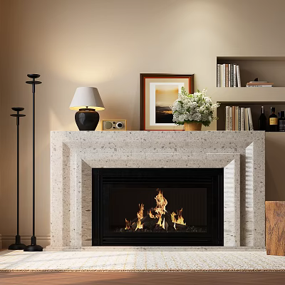 Stone Fireplace Interior With Burning Fire Framed Artwork Table Lamp And Bookshelf 3d model