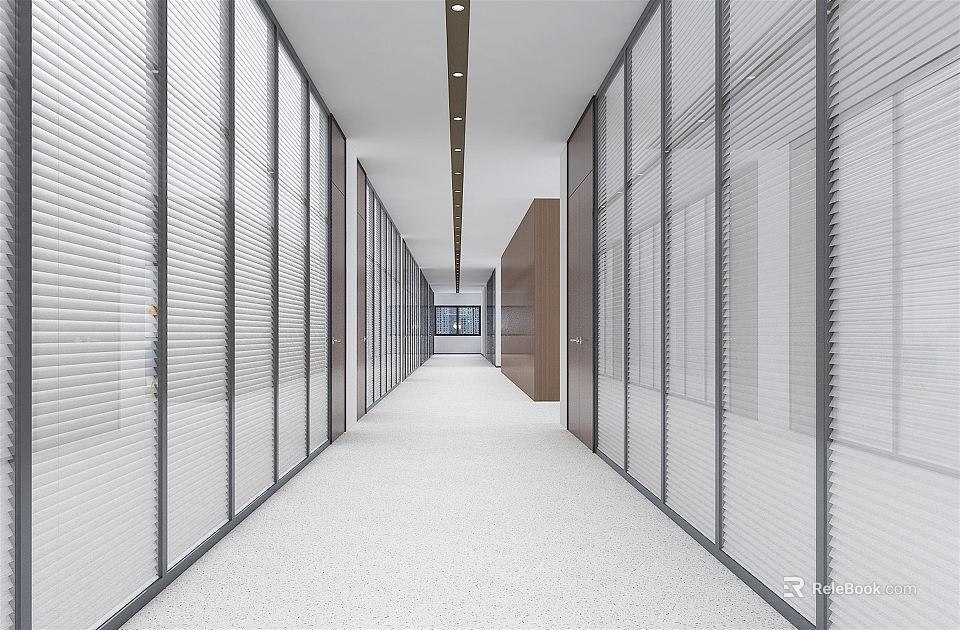 Modern Office Corridor With Glass Partitions Blinds White Carpet And Ceiling Lights 3d model 