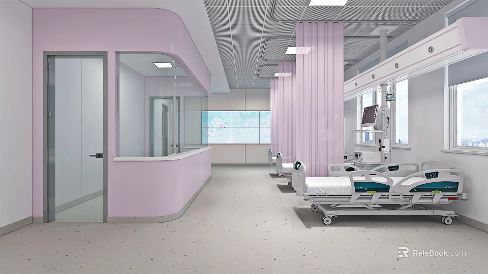 Pink Hospital Ward Interior With Nurse Station Medical Beds And Pink Partitions 3d model 
