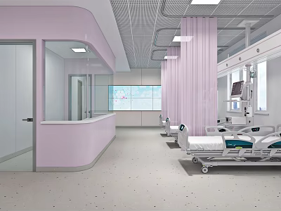 Pink Hospital Ward Interior With Nurse Station Medical Beds And Pink Partitions 3d model