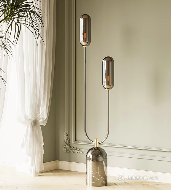 Modern Floor Lamp With Two Cylindrical Shades On Light Green Wall With White Curtains 3d model 