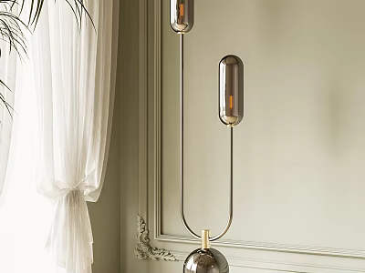 Modern Floor Lamp With Two Cylindrical Shades On Light Green Wall With White Curtains 3d model