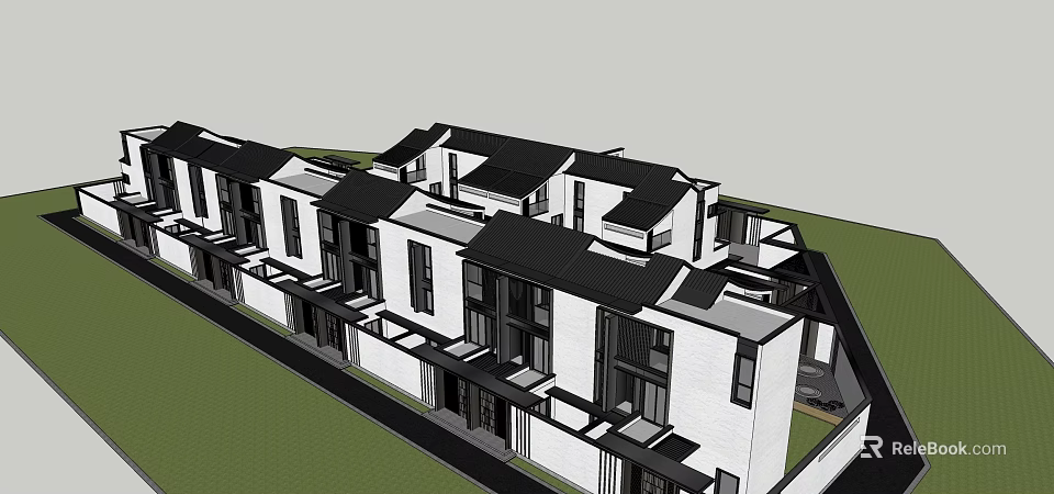 Modern Detached Villa Exterior With Black Roof White Wall And Large Windows 3d model 