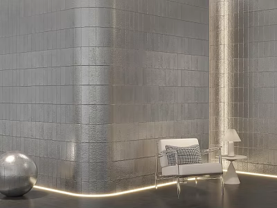 Modern Silver Gray Brick Sofa Background Wall With Lighting And Decor 3d model