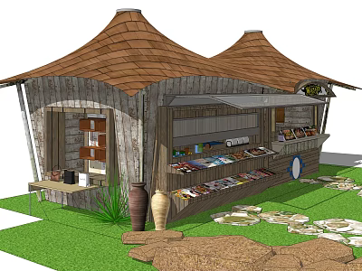 Rustic Wooden Kiosk With Display Shelves Goods Green Plants And Stone Decorations 3d model