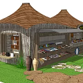 Rustic Wooden Kiosk With Display Shelves Goods Green Plants And Stone Decorations