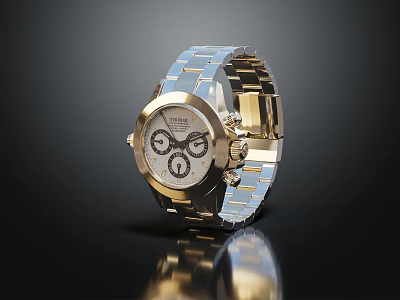 Luxury Chronograph Watch With Two Tone Stainless Steel Bracelet And White Dial 3d model