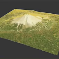 3D Terrain Model Featuring White Volcanic Cone Surrounded by Green Vegetation and Farmland