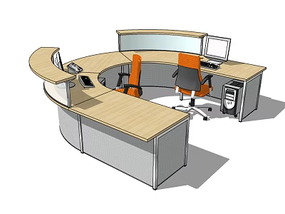 Curved Office Desk Setup With Orange Chairs Computer Monitor And Equipment 3d model