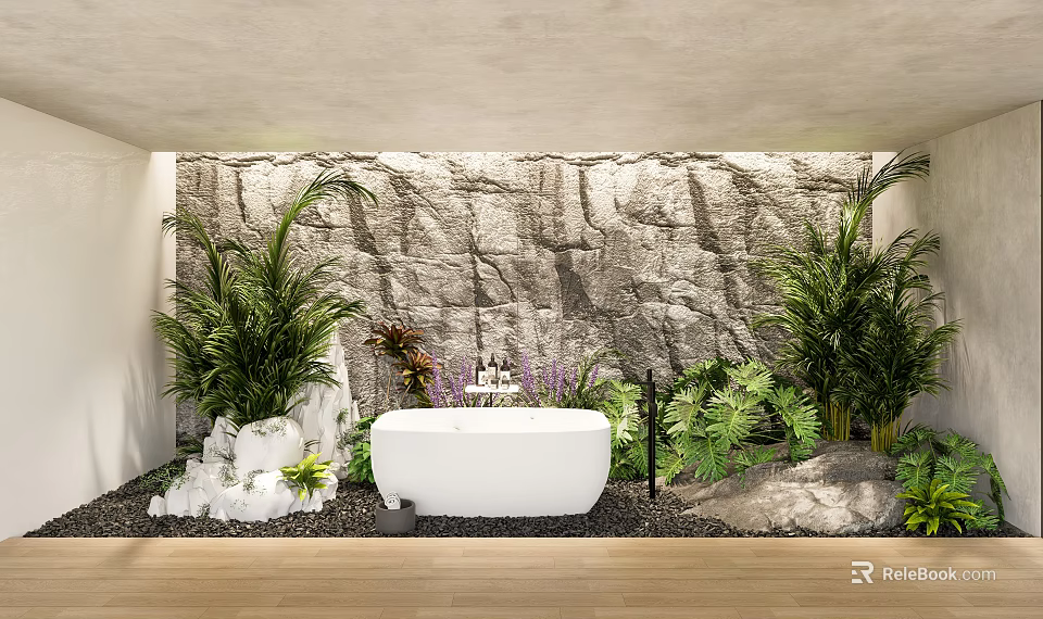 Modern Natural Bathroom Interior With Stone Wall Green Plants And White Bathtub 3d model 