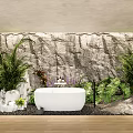 Modern Natural Bathroom Interior With Stone Wall Green Plants And White Bathtub