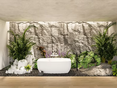 Modern Natural Bathroom Interior With Stone Wall Green Plants And White Bathtub 3d model