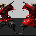 Man in red traditional outfit with bamboo hat practicing dynamic martial arts sword stance