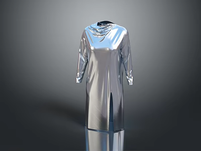 Stylish Silver Metallic Long Sleeve Dress With Collar Design And Front Slit 3d model