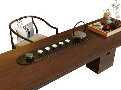 Traditional Wooden Tea Table With Matching Chairs And Tea Set Accessories Design 3d model