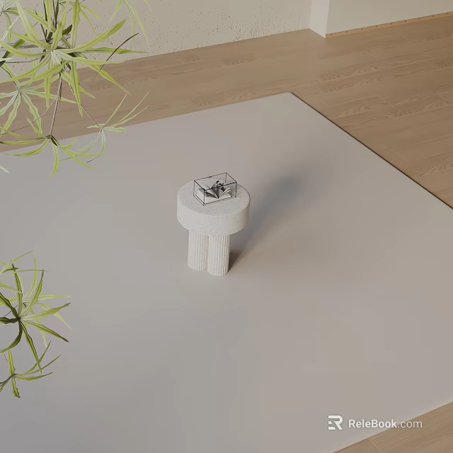 Minimalist White Textured Side Table On Light Rug With Wooden Floor And Green Plants 3d model 