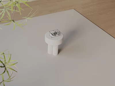 Minimalist White Textured Side Table On Light Rug With Wooden Floor And Green Plants 3d model