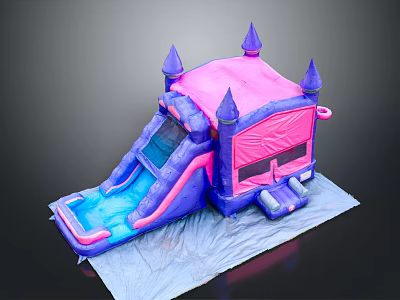 Cartoon Themed Inflatable Castle With Pink Purple Slide And Water Pool 3d model