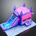 Cartoon Themed Inflatable Castle With Pink Purple Slide And Water Pool