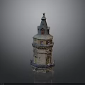 Medieval Tower Structure With Stone Base Pointed Roof And Arch Windows