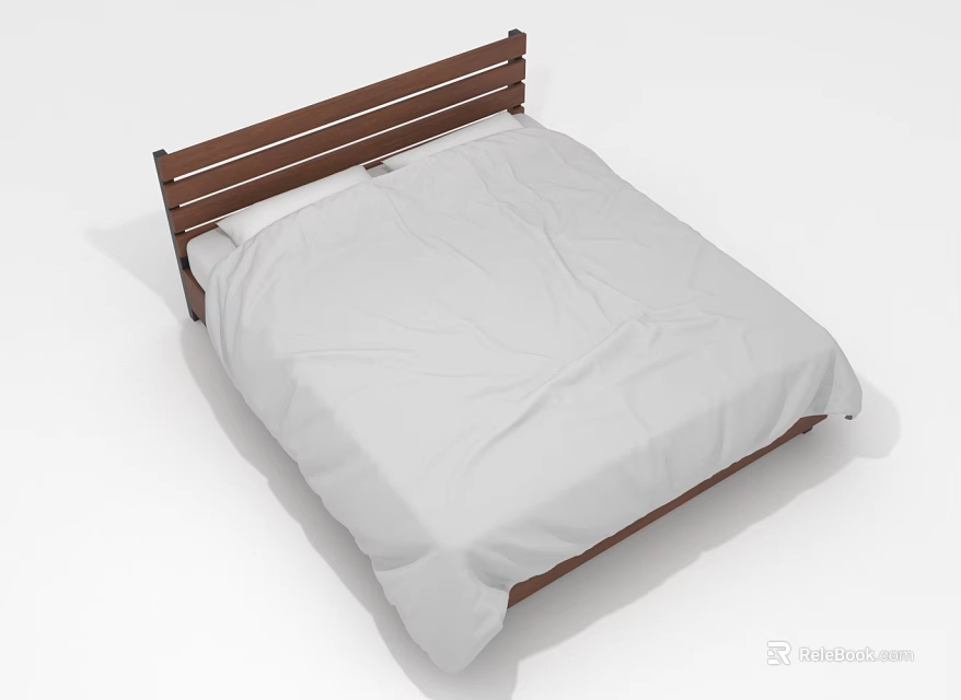 Modern Double Bed With Wooden Headboard White Bed Sheet And Simple Design 3d model 