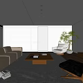 Minimalist Living And Dining Room With Light Sofa Wooden Coffee Table And Gray Rug