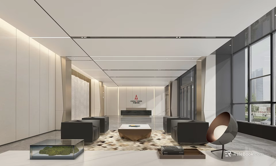 Modern Front Desk Reception Area With Plush Sofas Coffee Table And Floor To Ceiling Windows 3d model