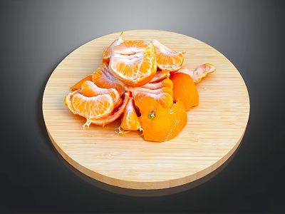 Fresh Peeled Sliced Tangerine Segments Arranged On Wooden Cutting Board 3d model
