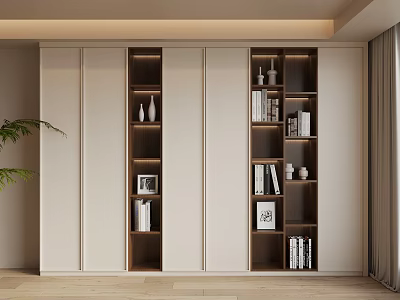 Modern Bookcase With Light Panels Wooden Shelves Multiple Compartments Books And Decorative Items 3d model