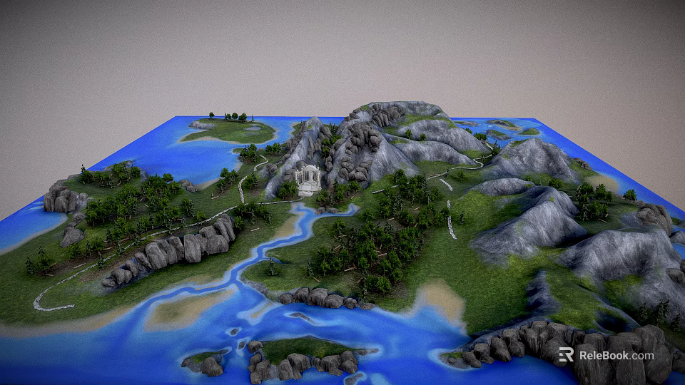 Natural Garden Landscape With Rocky Mountains Winding River Lush Trees Small Islands And White Pavilion 3d model 