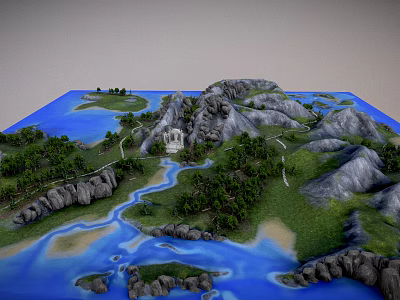 Natural Garden Landscape With Rocky Mountains Winding River Lush Trees Small Islands And White Pavilion 3d model