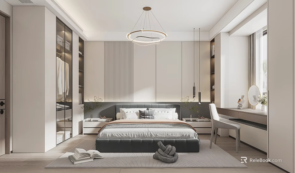 Modern Bedroom Design With Striped Headboard Round Pendant Light Glass Wardrobe Desk Chair And Rug With Towels 3d model 