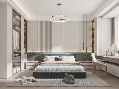Modern Bedroom Design With Striped Headboard Round Pendant Light Glass Wardrobe Desk Chair And Rug With Towels 3d model