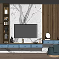 Modern TV Stand With Marble Backdrop Wooden Panel Accents Storage Drawers And Decorative Items
