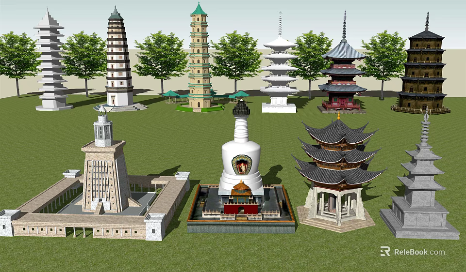 Various Traditional And Modern Towers Displayed On Green Lawn With Trees 3d model 