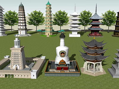 Various Traditional And Modern Towers Displayed On Green Lawn With Trees 3d model