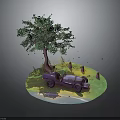 Scenic Diorama With Circular Green Ground Purple Car Tall Tree And Small Plants